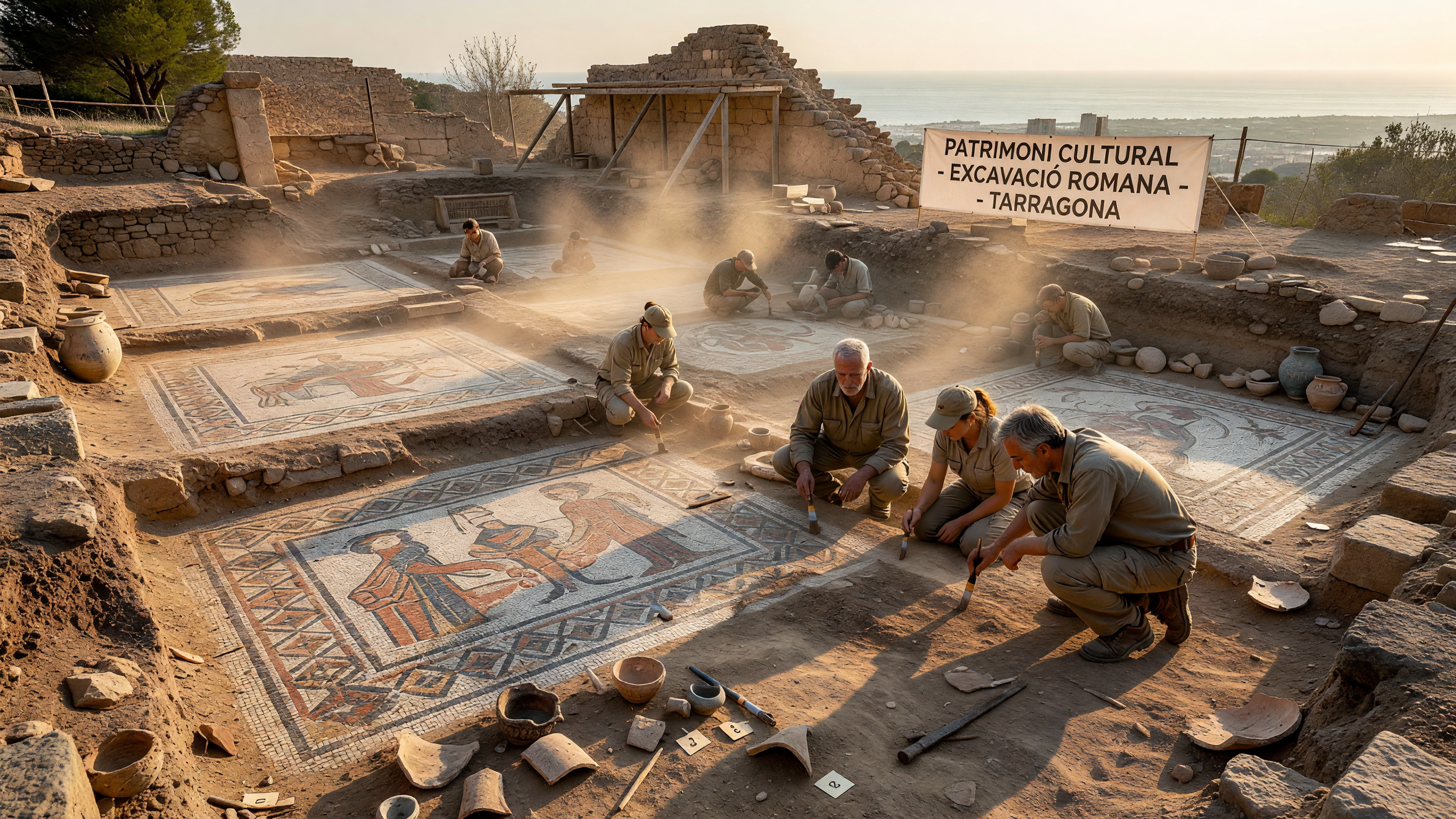 Excavación del gran mosaico en el foro de Tarraco